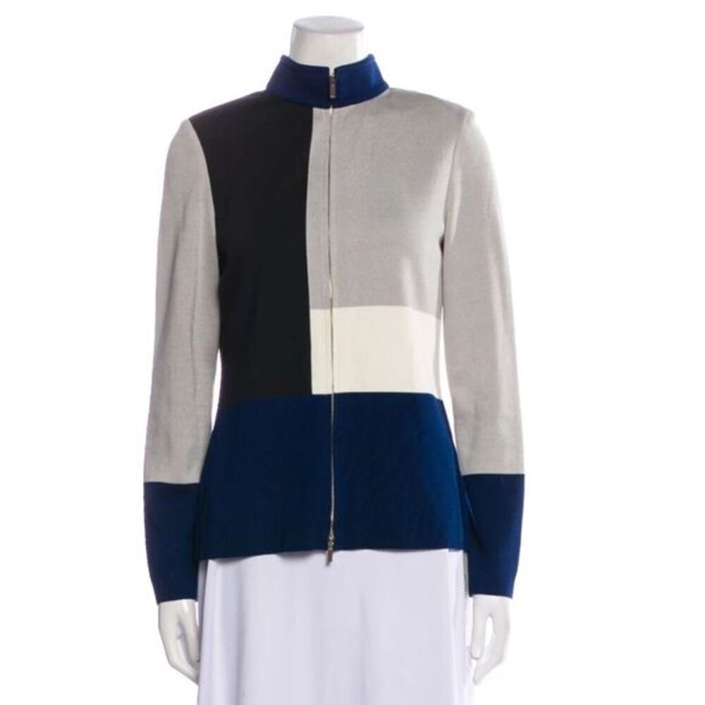 St. John Womens 10 Full Zip Light Jacket Neutral Colorblock Gray Blue Wool Blend